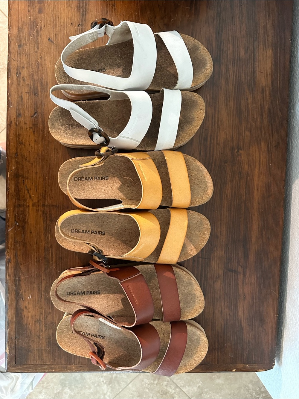 All Three Dream Pairs White, Tan, and Brown Strap Sandals. All Size 8.